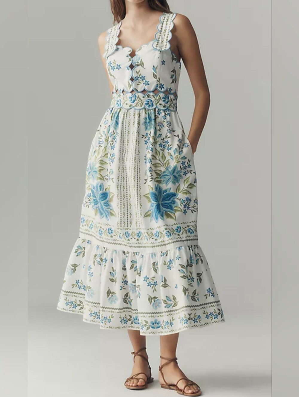 Farm Rio Scalloped Cotton Midi Dress. Floral Print.